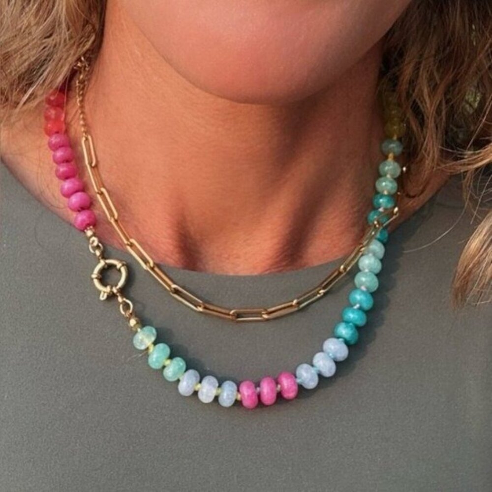 Rainbow Crystal Beaded Necklace 18K Gold Toggle Waterproof Boho Layering Jewelry - Picture 5 of 16